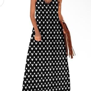 Black and White Polka Heart Disney Maxi Dress - Sleeveless V-Neck